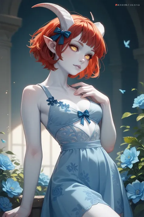 Tiefling, short red hair, ribbon on hair, blue floral short dress, uncensored, beautiful female, ultra quality, great quality, white skin, short horns.