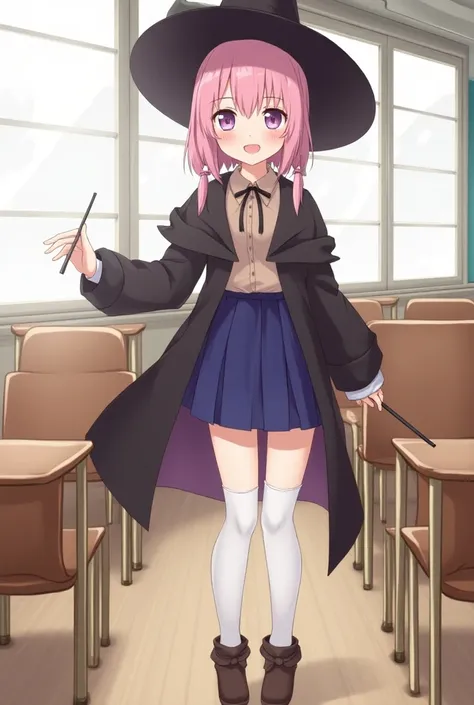 young girl, classroom, empty chairs, white stockings, witchs robe with a brown blouse and short blue pleated skirt, violet eyes, pink bob hair with two pigtails, fringe, brown boots, smile, magic wand, large windows , medium height, full body, witch hat