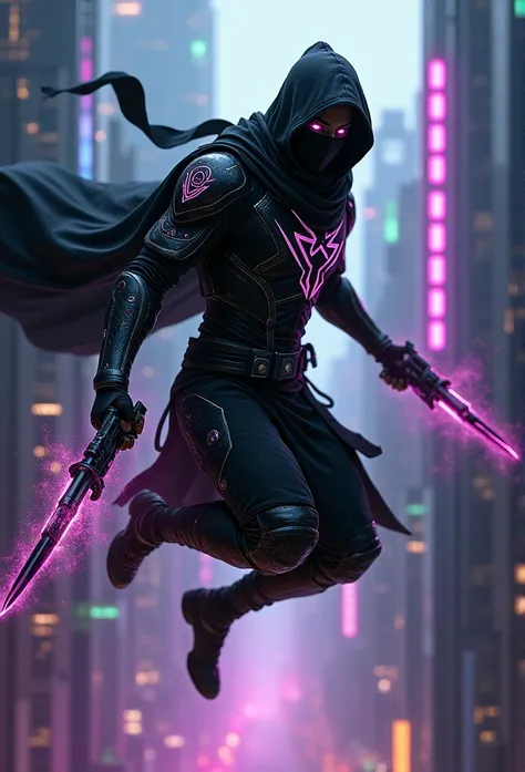  A hooded ninja with futuristic weapons and ancient symbols in his black armor , jumping between skyscrapers in a city illuminated by purple and green lights .  His eyes shine with supernatural energy as he summons creatures from the shadows