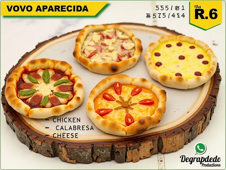  Here is a visual representation of the image :

[image]

[ Right in the upper left corner ]
 Products by Vovó Aparecida

Delicious Mini Pizzas!

[ Rustic wooden tray with 3 mini pizzas ]

chicken  | CALABRESA  |  Cheese
--------- |----------|---------
[ M...