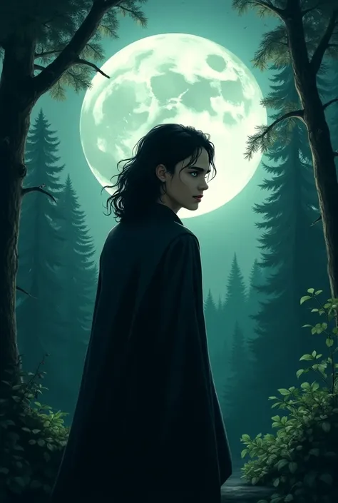 book cover,  college student who is half werewolf half vampire, forest, Giant full moon , Evening, back view