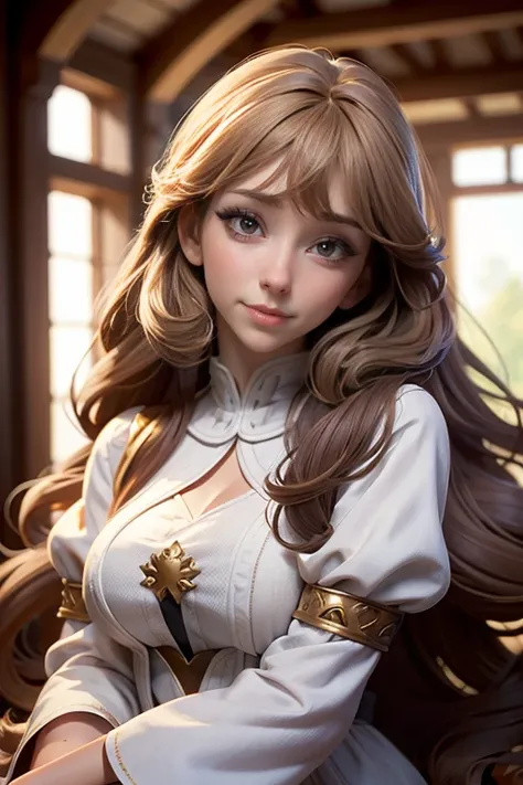 medieval girl ,  long hair,  color honey brown with bangs and half-curled ends, grey eyes,  expression of happiness ,  natural l...