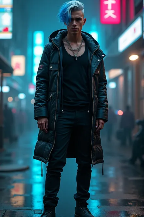 I want to create a mens model pass me cyberpunk culture dressed in a black jacket black tank shirt tight black pants black ankle boots hair color neon blue and silver