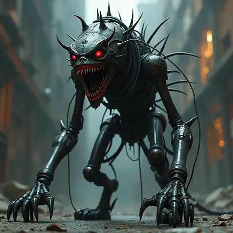 a demonic metal creature, thin metal body, metallic spikes, punk style, red teeth, no eyes, gun between legs, metal claws, black arms, black legs, black cables, metal tail, dark color palette, dystopian, dramatic shadows, mechanical design, 3D