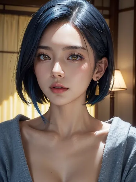 masterpiece, best quality, bedroom, pale lighting, BREAK, (face only:1.2), Face of climax, mouth half open, flushed face, (solo:1.4), BREAK, (Japanese:1.2), beautiful mature lady, 45-year-old, (hair slicked back:1.2), (short hair, blue hair:1.2), (yellow e...