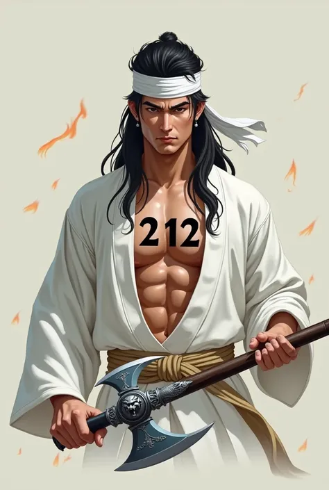 handsome man, silat swordsman , Long hair, white headband , white shirt, white pants,  open-chested shirt ,  chest inscribed with numbers  "212",  holding a short double-sided axe ,  in the eyes of the axe inscribed with numbers "212",  handle of dragon he...