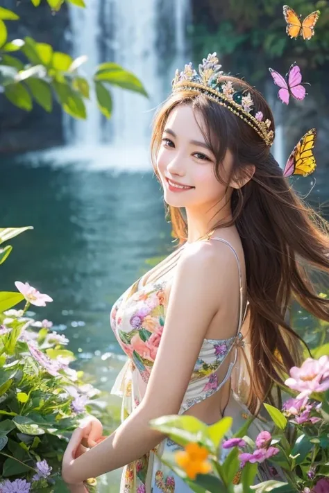  creating a peaceful atmosphere with a 、 Please draw a scene where a woman wearing a crown of flowers is smiling。Surrounding it are colorful butterflies 々Dance、 waterfall flowing against a beautiful natural landscape 。
