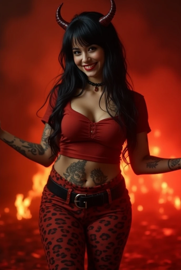 Yoga teacher,  black hair , fringe, sideways, close up of ass,dressed as a little devil, red horns, trident in hand,In hell, background fire, with black belt with very large round buckle,  leggins animal print red, huge hips ,  big breasts shirt, culo muy ...