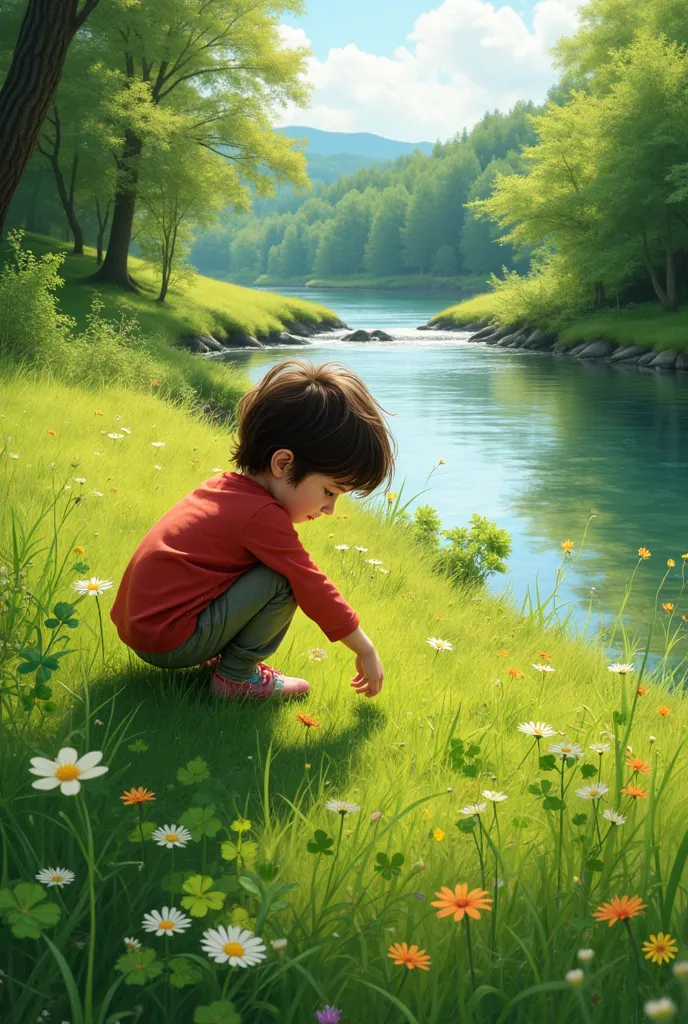 ren searching for four-leaf clovers on the river bank,