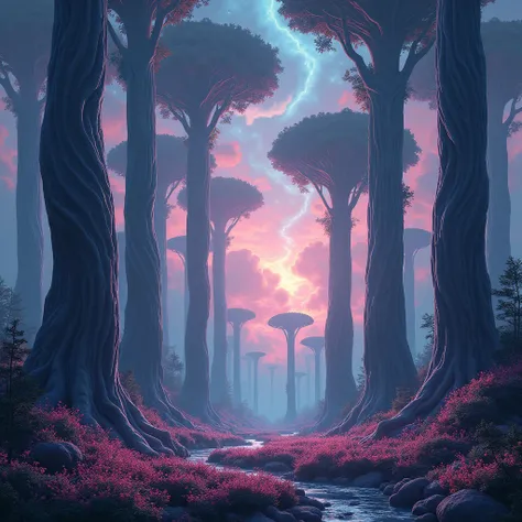 Surreal forest at twilight with towering trees that appear like twisting columns of marble, their roots sprawling in all directions. The ground is covered in sparkling, jewel-like flowers, and the sky is filled with swirling nebula clouds.