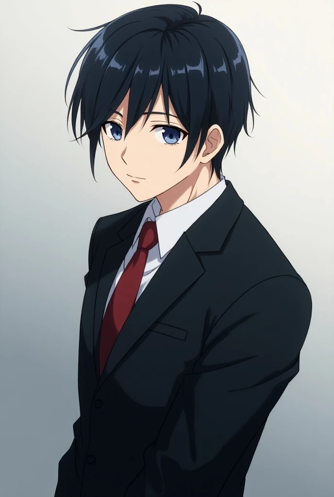 black neat smoothed hair, Adult, handsome, courageous guy Maruo Nakano from the anime "Go-Toubun No Hanayome" in a black suit, blue eyes, calm face, cold gaze, anime style