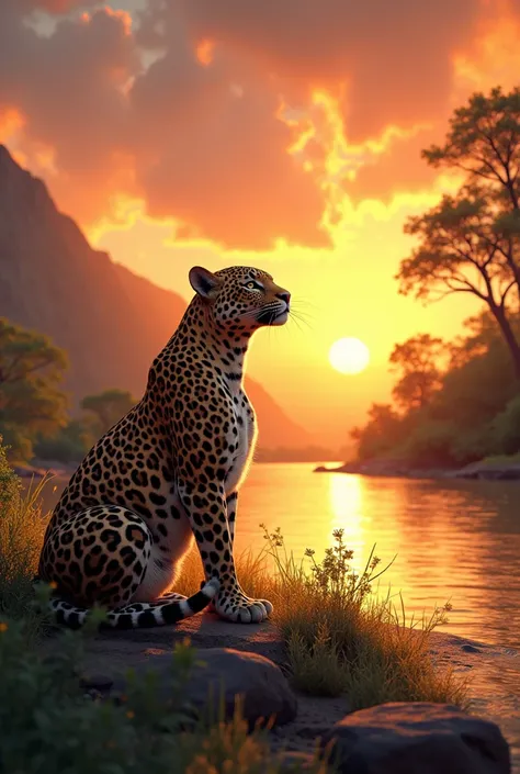 A leopard beside a river sideways at a majestic sunset looking up at the sky 

 