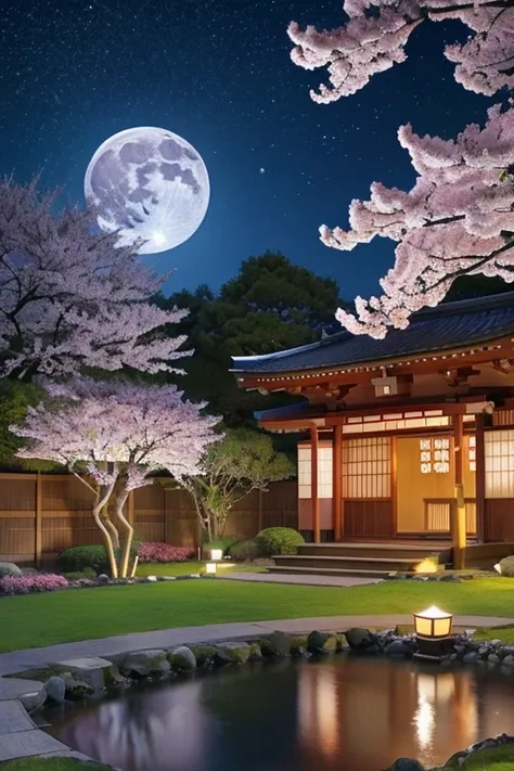 Place a full moon in the background、Draw a night sky dotted with stars。Place a cherry blossom tree in full bloom in the foreground、Create the appearance of falling petals。Place a Go board in the center、Draw a scene of two people in traditional Japanese clo...