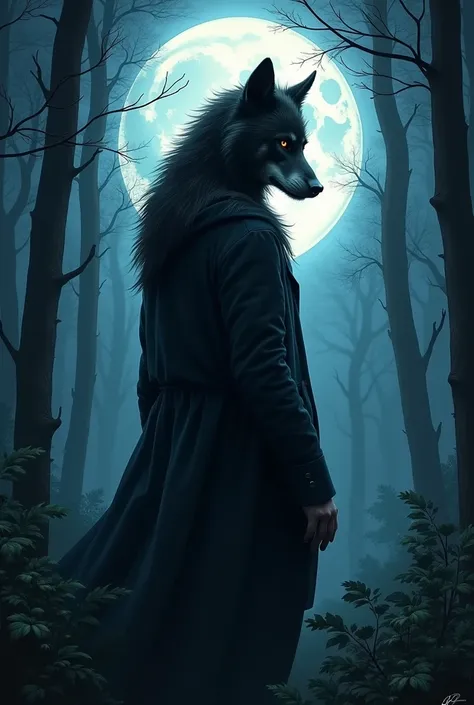 book cover, university student, Half werewolf half vampire , Full moon in the background, mysterious air, forest,  the character is turning his back