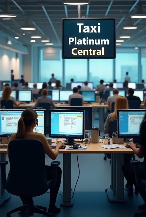 Call centers operating computers answering calls in an office at the end of the office a sign that says TAXI PLATINUM CENTRAL 