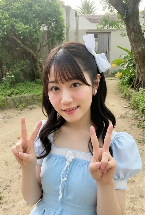  one girl playing pranks、cute, ( beautiful girls,  delicate girl:1.3), 笑顔
break,  extremely fine granular definition, ( symmetrical eyes:1.3),
break, (garden:1.3), ( peace sign:1.3), ( shot from the front:1.3), 、 perfectly cropped fingers ,
break,  smaller...