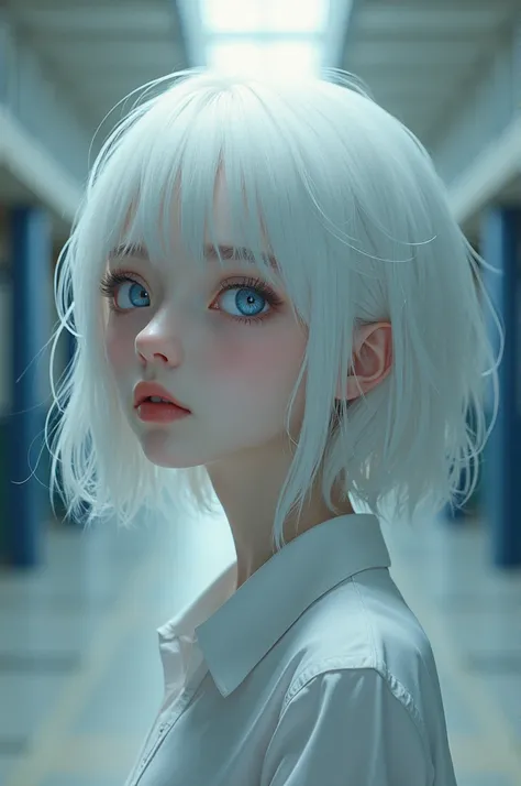  With white hair and blue eyes in an empty school