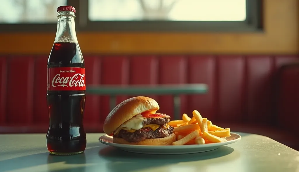 8K Octane, Hyperdetailed, Photorealistic, Cinematography, Cinematic still shot, bottle of coke, table top, diner, diner booth background, half eaten burger and fries on a plate