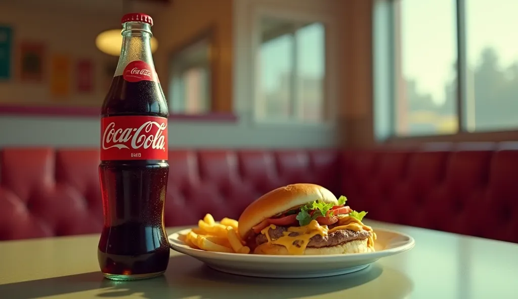 8K Octane, Hyperdetailed, Photorealistic, Cinematography, Cinematic still shot, bottle of coke, table top, diner, diner booth background, half eaten burger and fries on a plate