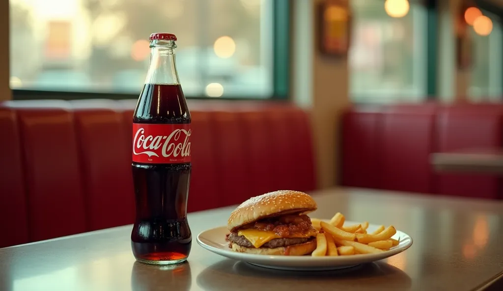 8K Octane, Hyperdetailed, Photorealistic, Cinematography, Cinematic still shot, bottle of coke, table top, diner, diner booth background, half eaten burger and fries on a plate