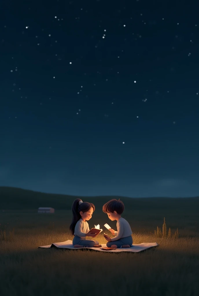 Scene 2 - Starlit Fields Together
Prompt:
"A serene, starry night in a wide open field, with two figures sitting on the grass under the sky. The woman (Julia) and the man (Mateo) are laughing, with a blanket spread out beneath them. Soft light from the sta...