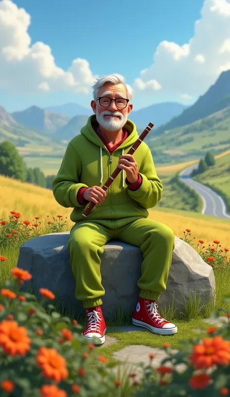 A 50 year old man wearing a dark lime hoodie jumpsuit, red converse shoes, sitting relaxed on a large rock holding a flute, around there are blooming flowers, valley with winding road and fields as background #Cartoon #pixar stayl