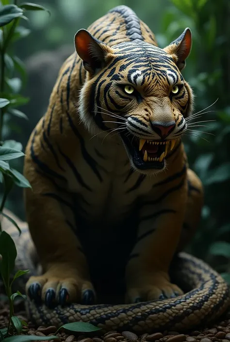 A tiger fused with a cobra, its fangs elongated and scales covering its muscular body