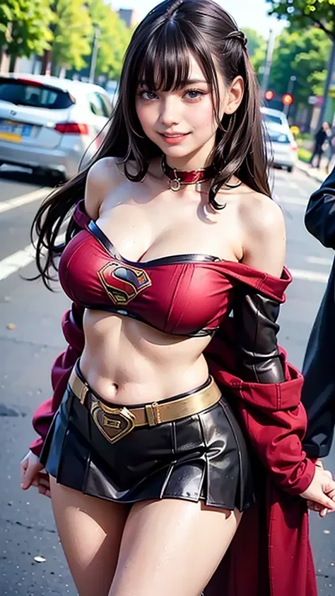   1 girl，big tit female body set ，  Supergirl Costume Dress，skirt、ミニskirt、Cutting clothes，close，  Off Shoulder Outfit，Charming，  perfect body，street，belly button，Abdominal vest line，Brown Hair、Long Hair、Long Hair、  Sexy Poses