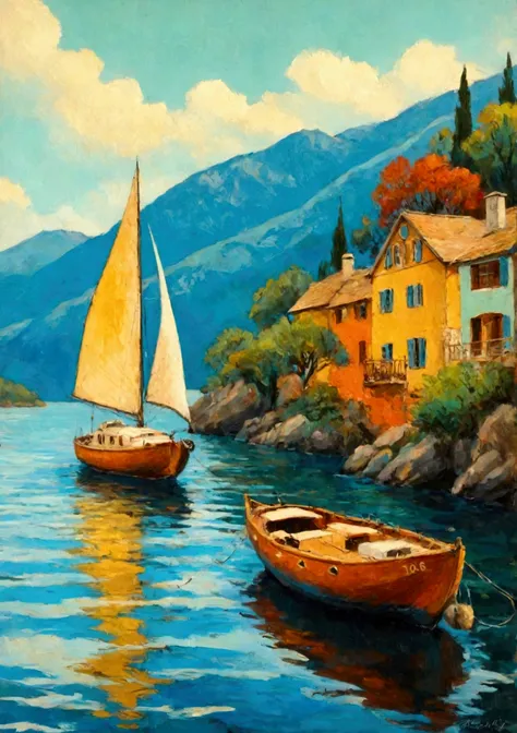 Sailing Boat , Sailing , Sea , Glass Wall Art , Canvas Wall Art, view of a sailings Boat on the waterside of a small lake mountain lake, award-winning, professional, highly detailed in, undefined,. Include vibrant pastel colors, sleek lines, and a retro su...