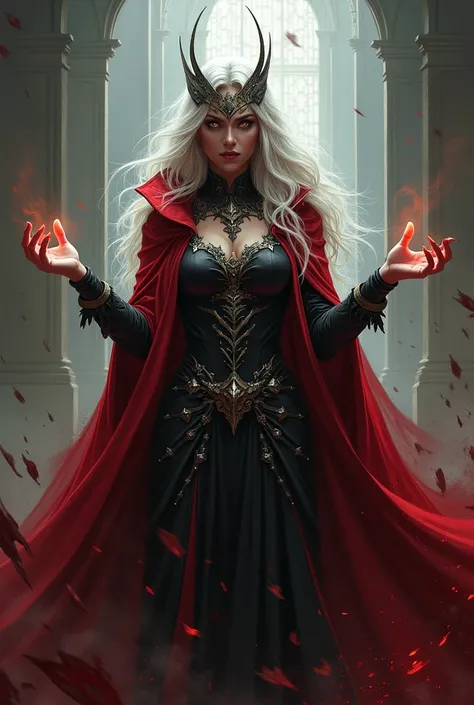 woman,white hair, golden eyes,red hood,manon blackbeak,blood,huge nails,crown of silver stars,queen
