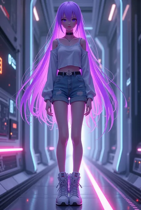 Anime female futuristic android, long glowing purple hair, with high top sneakers and casual clothing