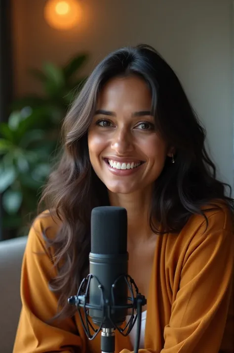 A beautiful Indian female podcast host sits in a stylish, modern studio, exuding both warmth and professionalism. Her poised yet approachable demeanor shines as she smiles into the microphone, her eyes engaging with the camera as if speaking directly to he...