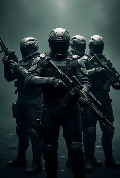 A cinematic shot of 4 hightech sci-fi soldiers member of Majestic clan holding guns and posing like a team. Dark theme