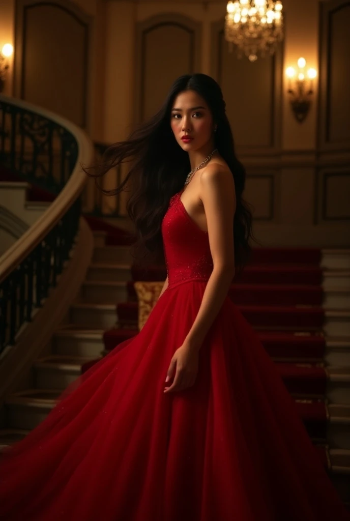  Create a wide image of a woman between 20 and 25 years old Thai , with stunning beauty,  red dress , long hair with wavy mask tips as if it were at a masquerade ball on an elegant staircase with low lighting highlighting her beauty