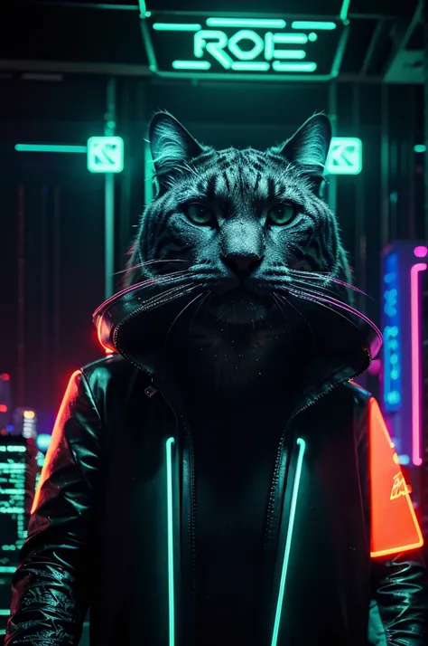 A close-up picture of a big cat in the futuristic cyberpunk neon tron world, cyberpunk city landscape, detailed intricate architecture, glowing neon lights, studio lighting, moody atmosphere, cinematic composition, vivid colors, 8k, photorealistic, masterp...