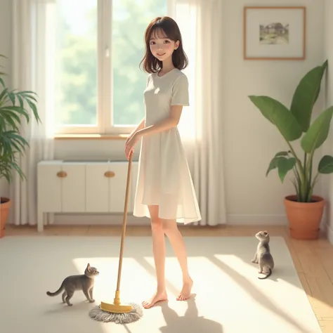 a happy beautiful Korean woman, 1.70 meters tall, 30-year-old, simple white dress, bare feet, in a living roome, cozy decor, natural light, shes mopping the floor, medium size mop àn mop bucket, have 2 s playing in the background, without carpet, large roo...