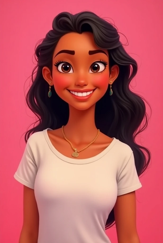 Portrait of Moana in a white t shirt on a pink background showing happy emotion 