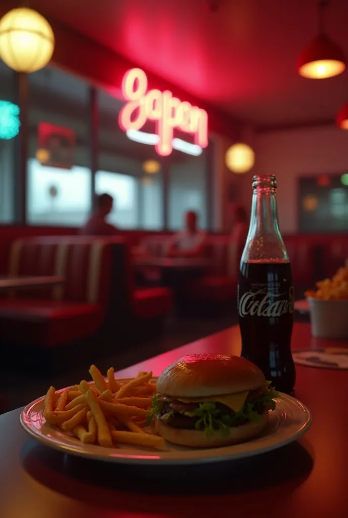 8K Octane, Hyperdetailed, Photorealistic, Cinematography, Cinematic still shot, bottle of coke, counter top, diner, diner booth background, half eaten burger and fries on a plate, backwards neon open sign in background