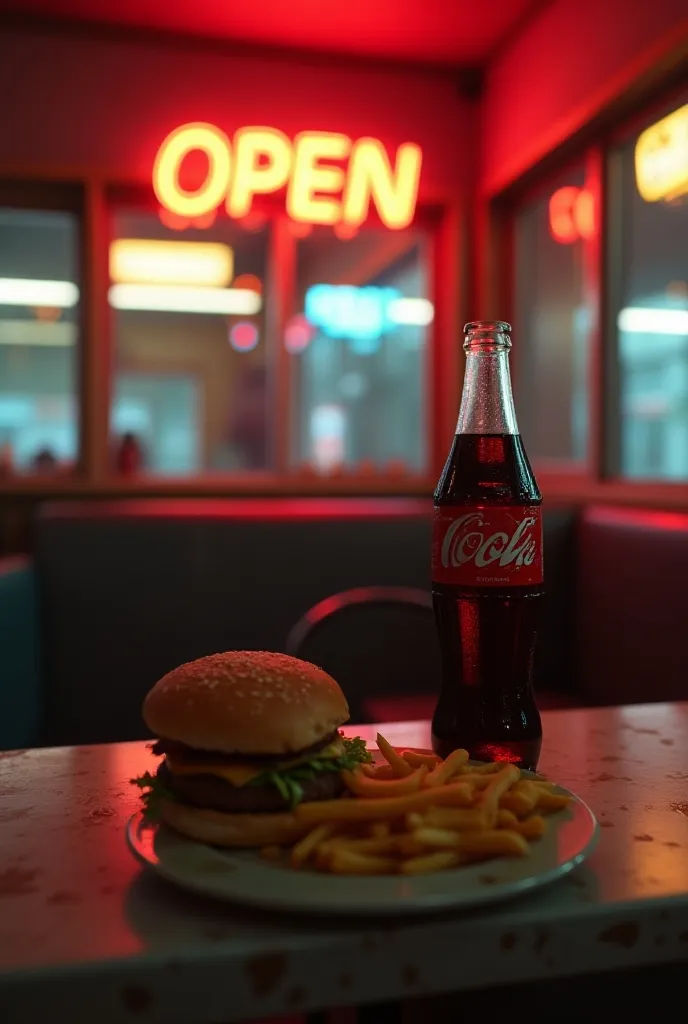 8K Octane, Hyperdetailed, Photorealistic, Cinematography, Cinematic still shot, bottle of coke, counter top, diner, diner booth background, half eaten burger and fries on a plate, backwards neon open sign in background