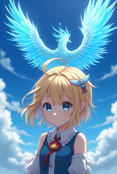 Image of a girl in anime with blond highlighths with a blazing blue phoenix in the upper background more 