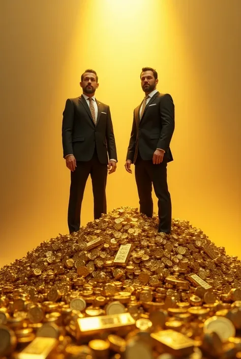 2 businessmen standing on a pile of rich gold