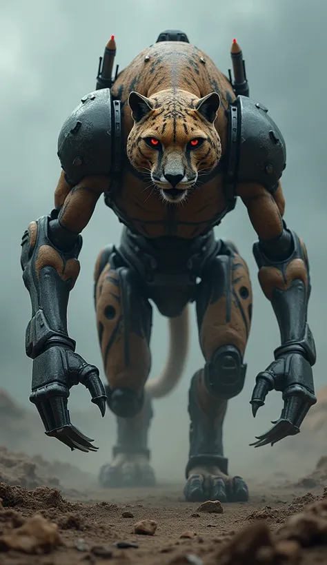 A monstrous hybrid of a cheetah and a pursuit bot, combining the sleek, powerful physique of the cheetah with robotic enhancements like metallic legs with retractable blades, glowing red eyes, and a small rocket launcher on its back. The creature’s face is...