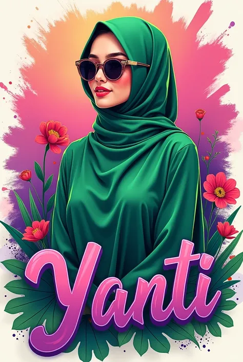 illustration of a beautiful Indonesian young woman, wearing a hijab abaya green, wearing sunglasses, striking a charming pose, with a striking colorful background. The large text at the bottom of the image reads the name "YANTI" spelled correctly in a bold...