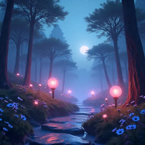 An enchanted forest illuminated by neon lights, with trees shaped like giant feathers and flowers that glow under a starlit sky. A pathway of floating stones leads deeper into the forest, surrounded by mysterious fog