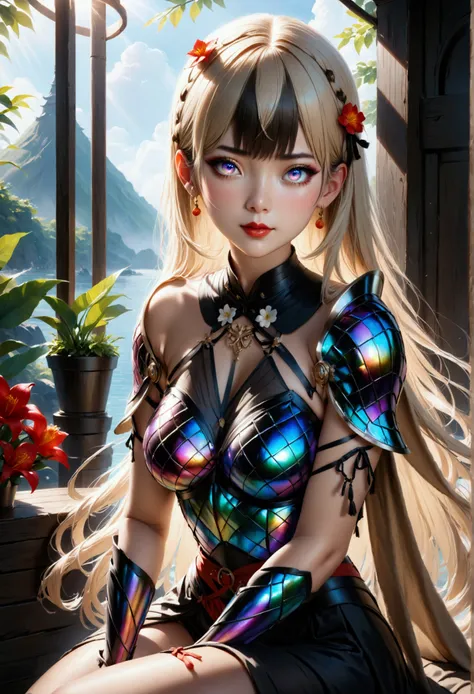 1youngwoman,mahiru shiina, Long smooth straight light golden hair, iridescent eyes,fair skin,curvy aesthetic body,sitting in skimpy jk armour.masterpiece, super detail,detailed eyes, best quality, 8k,realistic