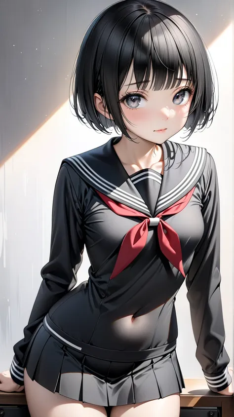 solo。１ female students。 realistic drawing。High image quality。 high quality。 digital painting 。

Black Hair、( pixie cut)。

 slender。Small breasts。adult。

 miniskirt。
Black long sleeve sailor suit。
abdomen。underwear。

Squint your eyes。Gentle droopy eyes。
 bl...