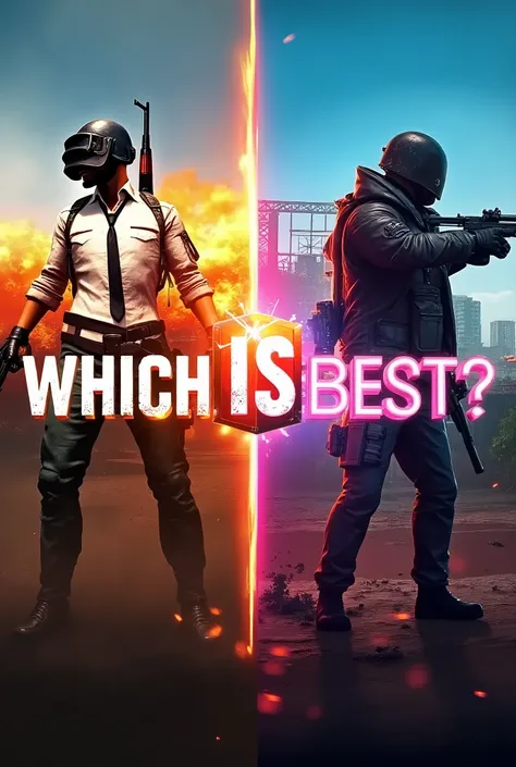 Use side-by-side images of PUBG and Free Fire with bold text in the middle ("Which is BEST?").

Show an action-packed scene from both games (e.g., PUBG’s realistic gameplay vs. Free Fire’s fast-paced action).

Use contrasting colors for each side to visual...