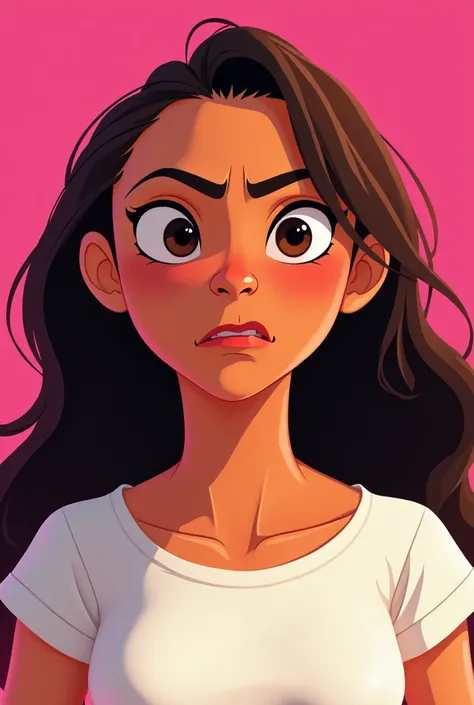 The same portrait of Moana as the last one in a white t shirt on a pink background but showing angry emotion 