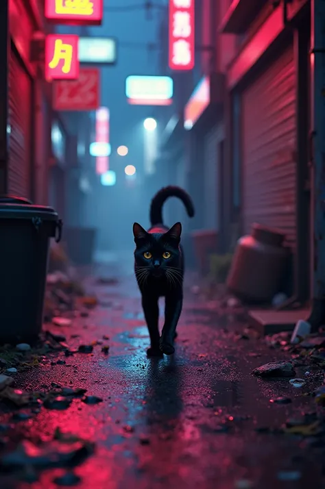 A cat that walks with both legs in a dirty city alley at night illuminated by multicolored lights 