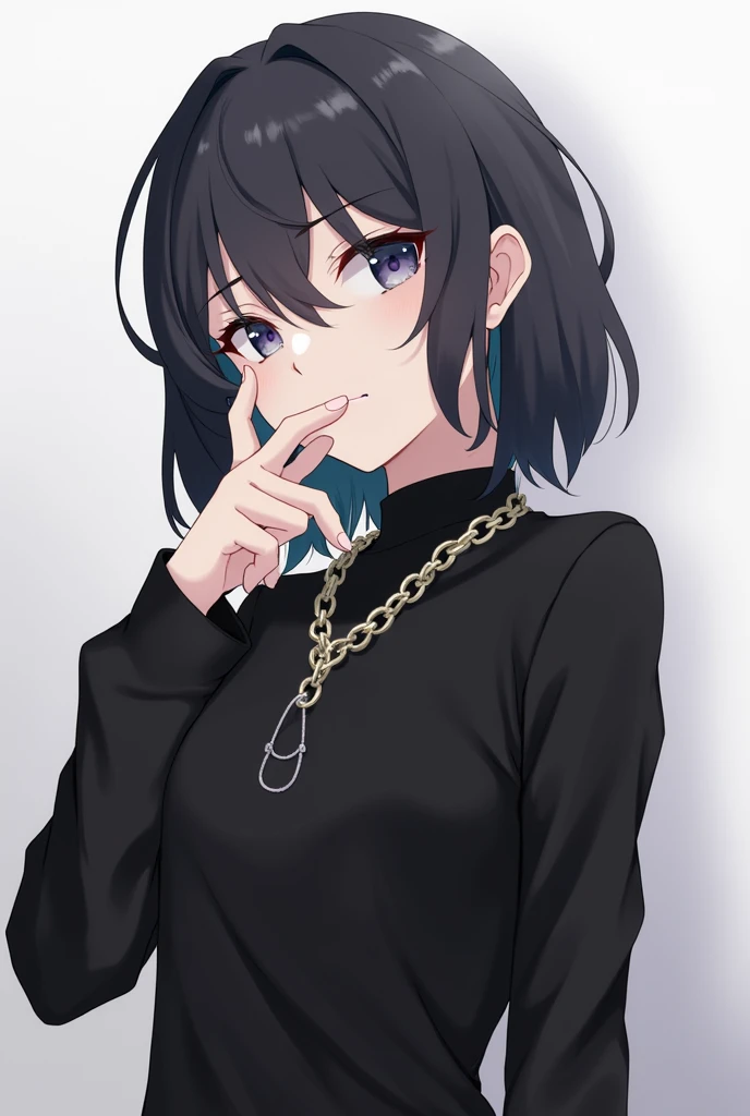 Prompt: "A fan art of Jett from the game Valorant in an anime style. Jett is wearing a black outfit with a long-sleeved top, chain necklace, and has a similar melancholic and intense expression like the girl in the reference photo. Her face and hairstyle a...